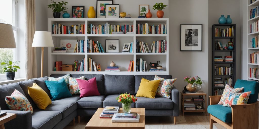 Organised living room with neat furniture and bookshelf.