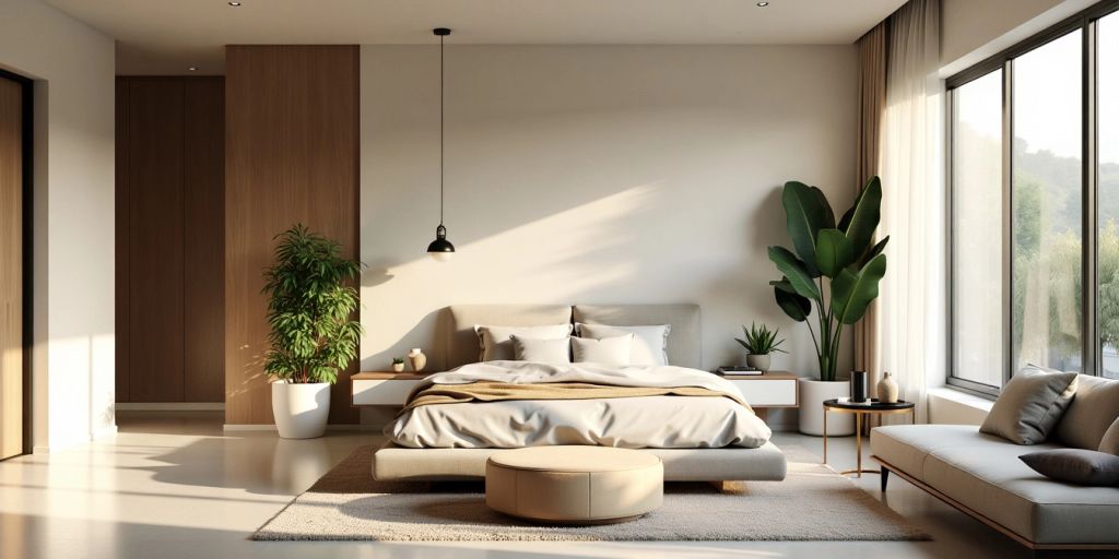 Modern bedroom with minimalist furniture and large windows.
