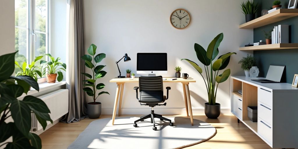 Modern home office with desk, chair, and plants.