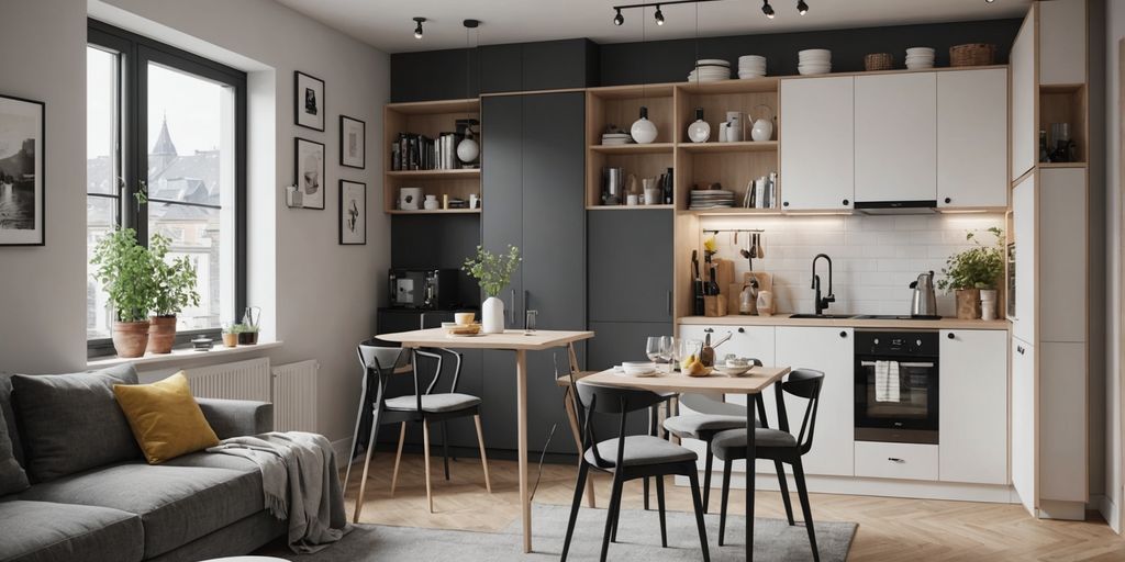 Small apartment with space-saving furniture and modern design.