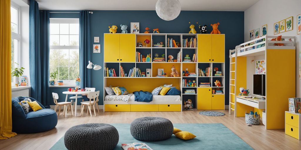 Colourful kids room with playful furniture and wall art