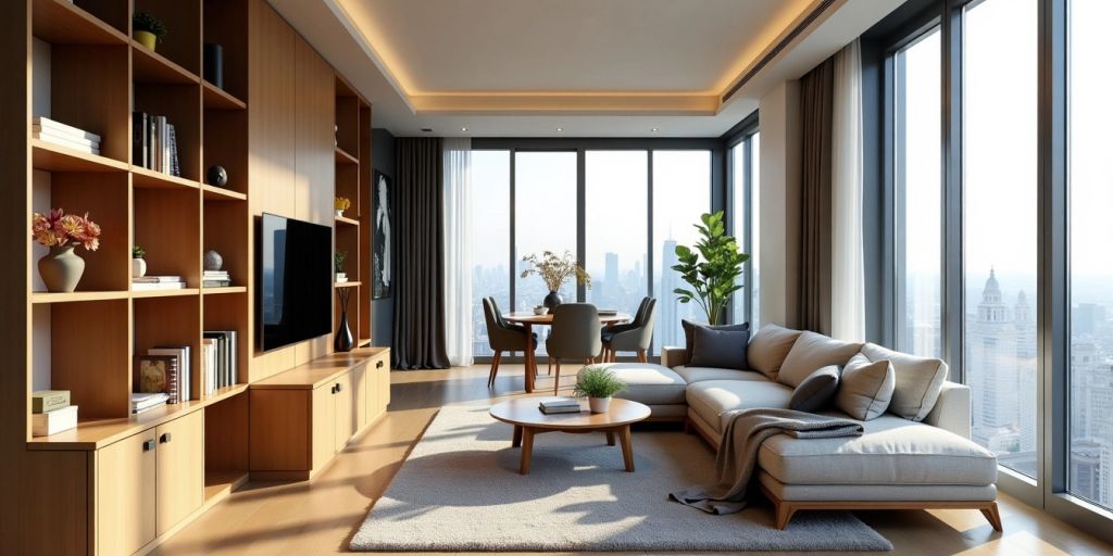 Modern apartment with multi-functional furniture and city view