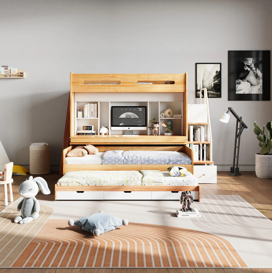 A loft bed combination unit that includes a loft bed, a study desk, and shelving. The unit is made of wood and is shown in a room setting with various room decorations, a bed, and a desk.