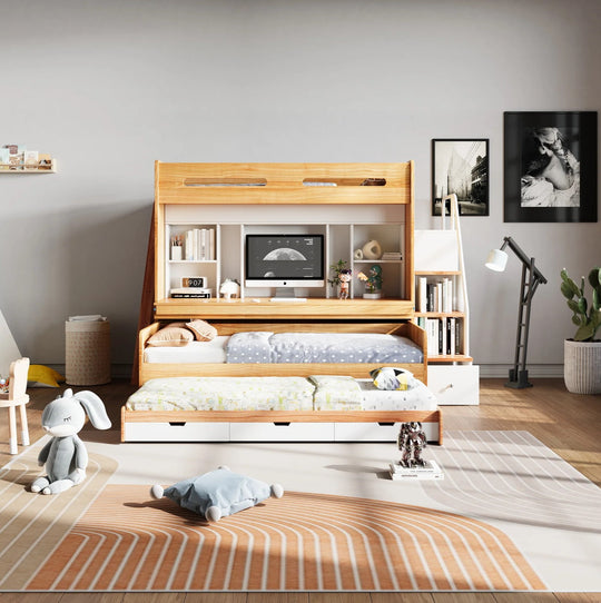 A loft bed combination unit that includes a loft bed, a study desk, and shelving. The unit is made of wood and is shown in a room setting with various room decorations, a bed, and a desk.