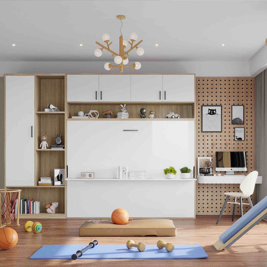 Modern kitchen with white cabinets, wooden shelves, and a pegboard wall.