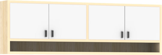 A beige and brown NOBU wallbed top storage unit with cabinets and a flat shelf, designed to be mounted above a wallbed.