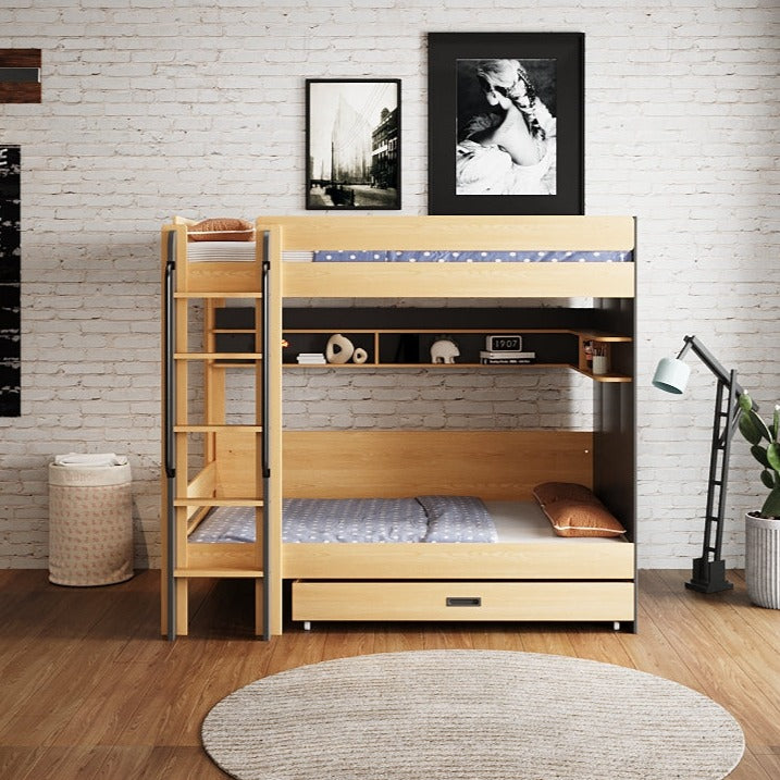 A TEOM bunk bed with a ladder on the left side, upper bed with a blue and white bedding, lower bed with a beige mattress, set in a room with exposed brick walls, a picture on the wall, and a lamp.