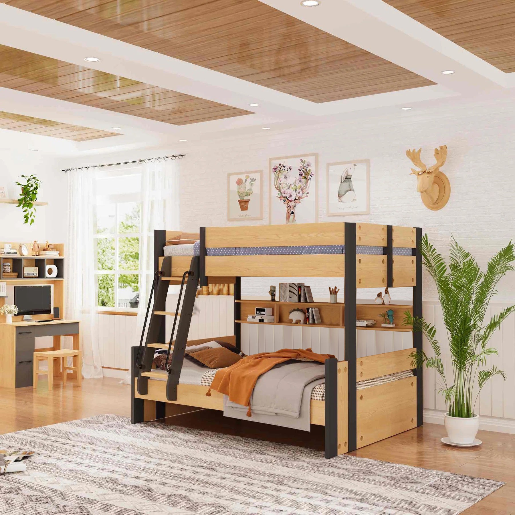 Bunk bed in a room with a desk, plants, and wall decor.