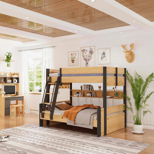 Bunk bed in a room with a desk, plants, and wall decor.