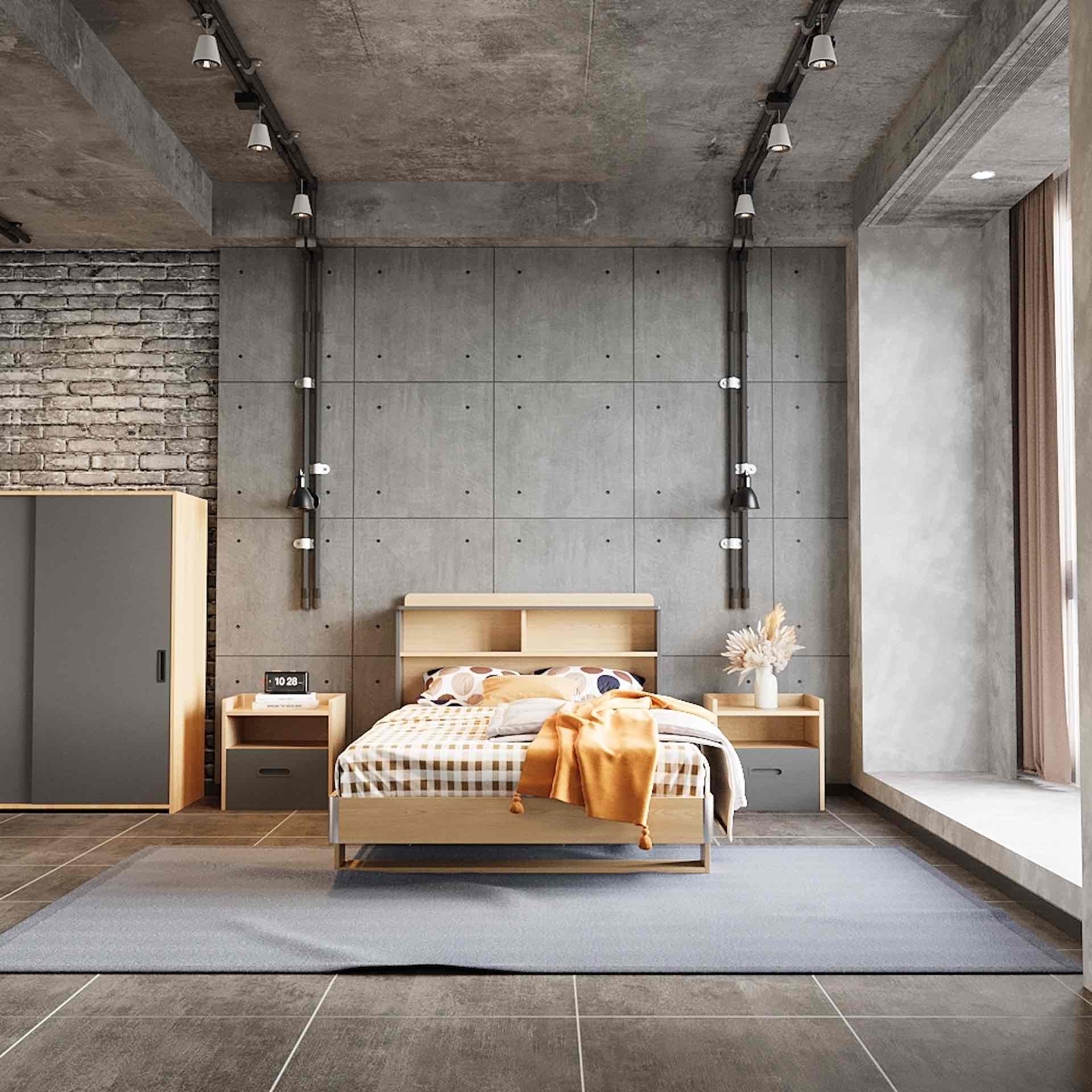 A modern bedroom featuring a made bed with a beige bedhead and wooden frame, placed against a concrete wall in an industrial-style room.