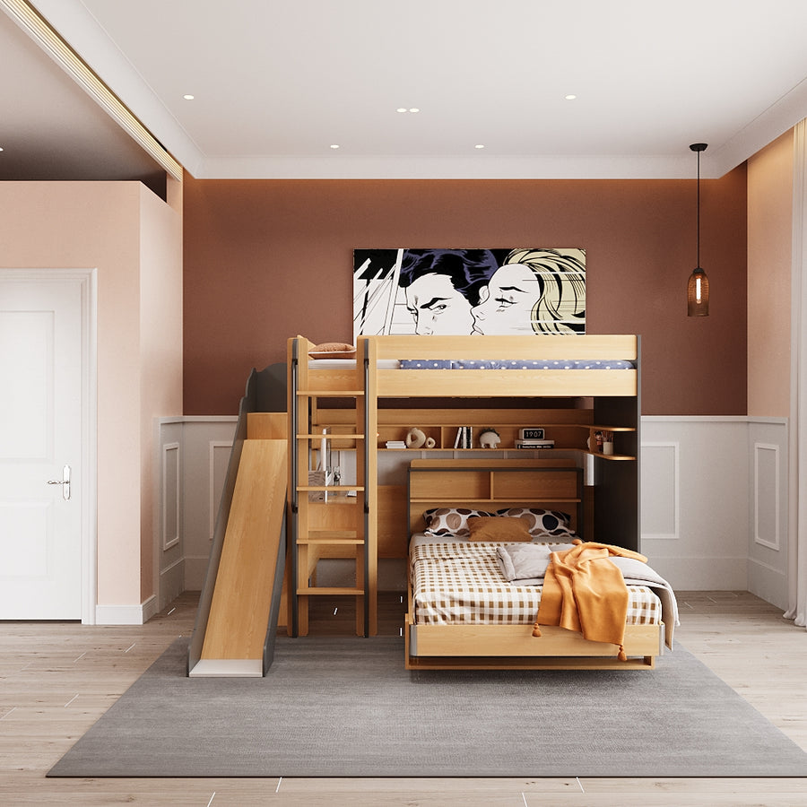 A loft bed with a slide and storage shelves, featuring a bed, desk, and wardrobe combination in a room with a wooden floor and white walls.
