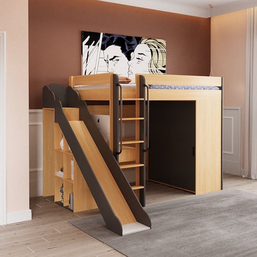 A brown and gray slide attached to a loft bed in a room with a picture on the wall and a wooden floor.