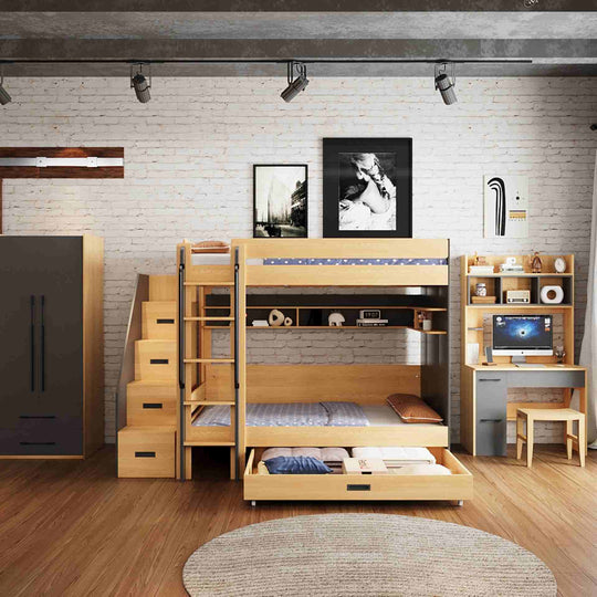 A loft bed setup with built-in shelves and storage drawers, featuring a wooden bed frame and furniture in a room with exposed brick walls.
